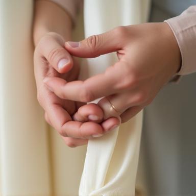 Hands gently inspecting a garment by a professional dry cleaner
