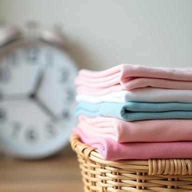 Freshly folded, stack of laundry with timepiece in background