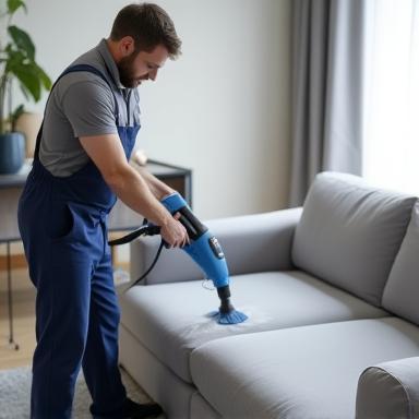 Technician steam cleaning a modern sofa